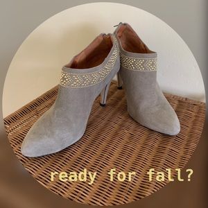 Grey suede bootie with gold stud details